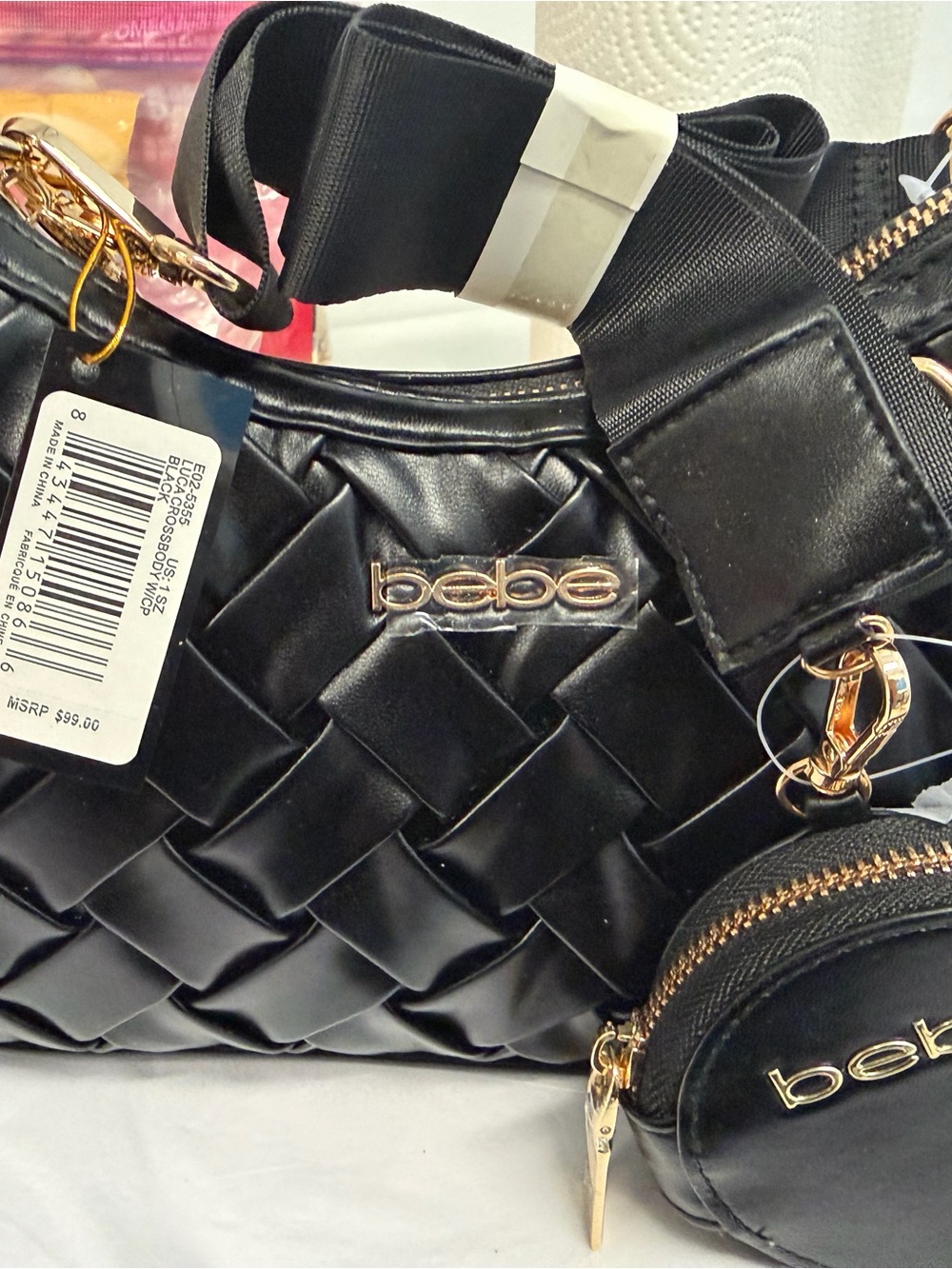 bebe Black Quilted Shoulder Bag with Gold Accents and Coin Pouch